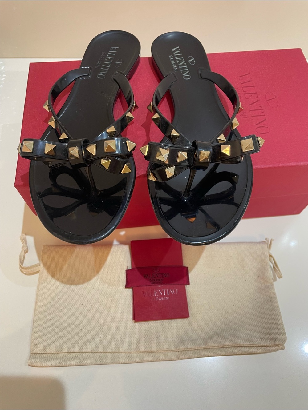 Valentino Black Jelly Sandals with Gold Pyramid Studs